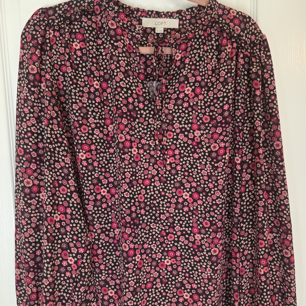 LOFT Women's Tie Front Floral Pink and Black Mixed Media Blouse